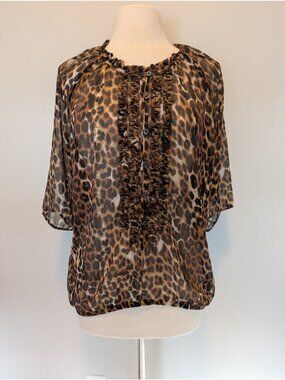 Express Sheer Large Ruffle Animal Print Mob Wife Top